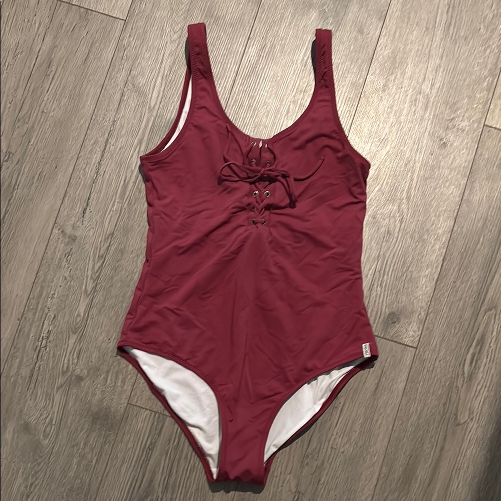 Burgundy Athletic One-Piece Swimsuit with Scoop Neckline